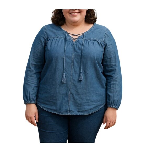Faded Glory Womens Denim Blue Boho Style Lace-Up Long Sleeve Top Size XXL (20) - Picture 1 of 6